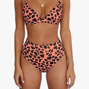 New BTFBM Orange Coral with Black Animal Print Spots Bikini  2 Piece Swi…